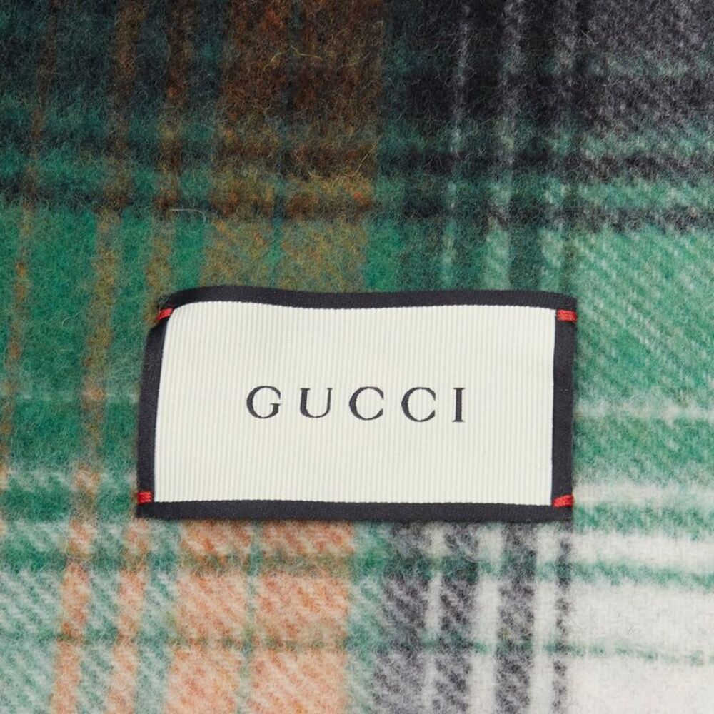 Gucci 100% wool green red plaid tartan brown GG monogram blanket scarf - Picture 9 of 10